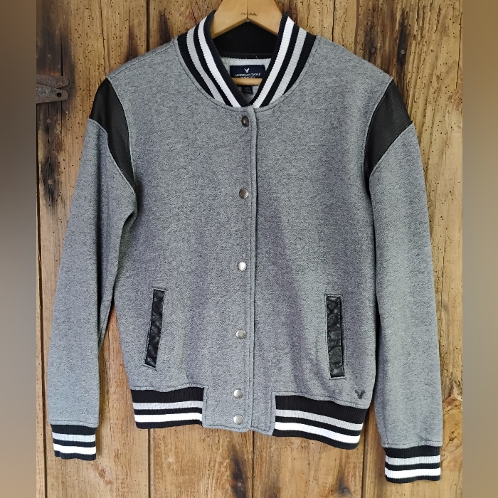 Men's American Eagle Varsity Jacket Bomber Coat Sz M Stretch Grey Snap Front
